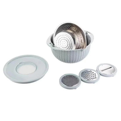 4-in-1 Kitchen Set: Rotatable Colander and Mixing Bowl with Built-in Vegetable Slicer, Salad Spinner, and Food Grader - Ideal for Washing and Straining Pasta, Rice, Fruits, and Veggies; Includes Storage Container.