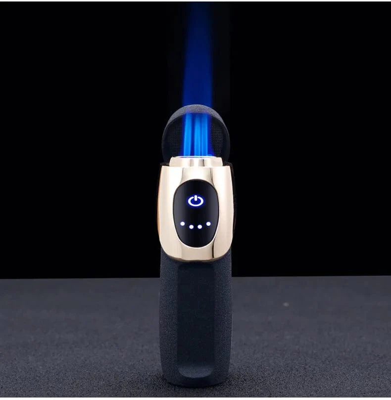 Electric Touch Sensing Display Torch Lighter, Triple Jet Blue Flame, Refillable Butane, USB Charging, Adjustable, Windproof