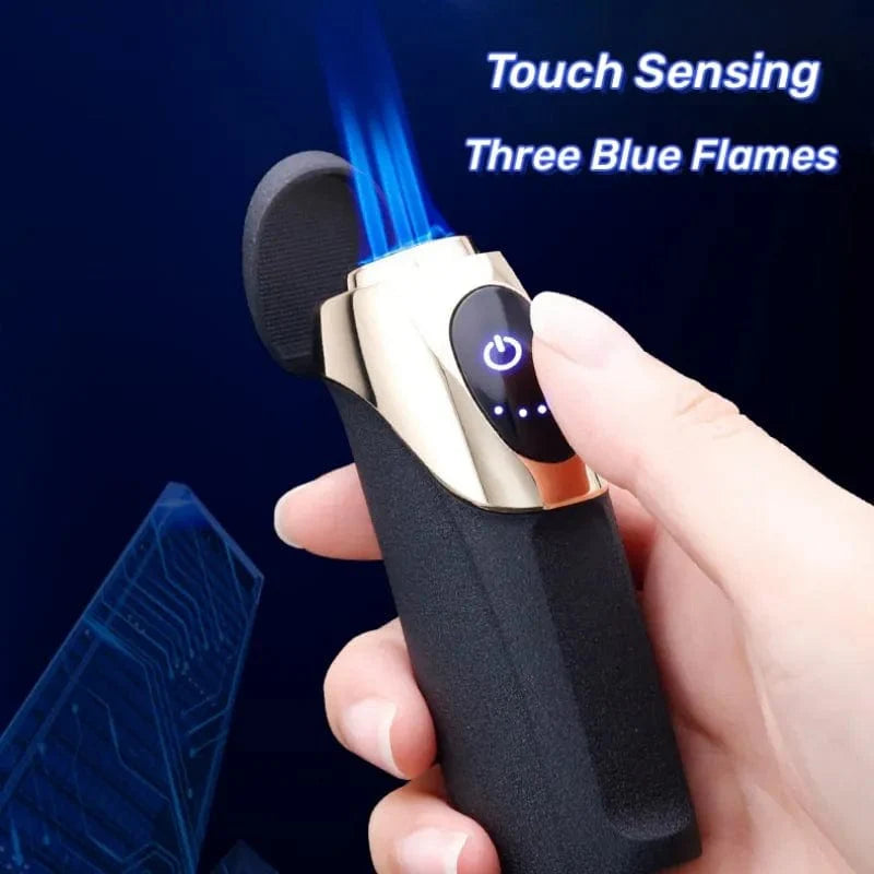 SearchFindOrder Black Blue Flame Pro Touch Triple Torch Lighter USB Charge, Gas Mix & Electric Display