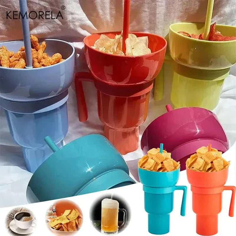 SearchFindOrder Yellow Creative 2-in-1 Popcorn Snack and Beverage Cup with Straw and Handle