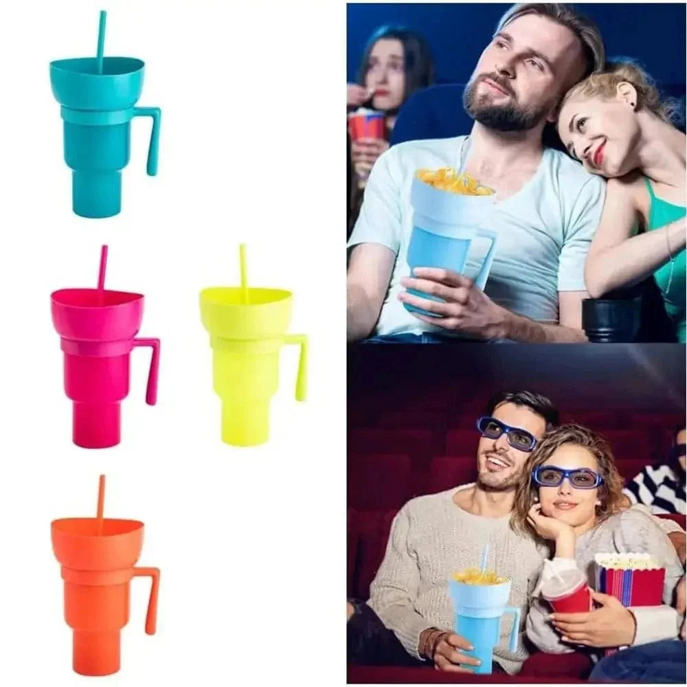 Creative 2-in-1 Popcorn Snack and Beverage Cup with Straw and Handle