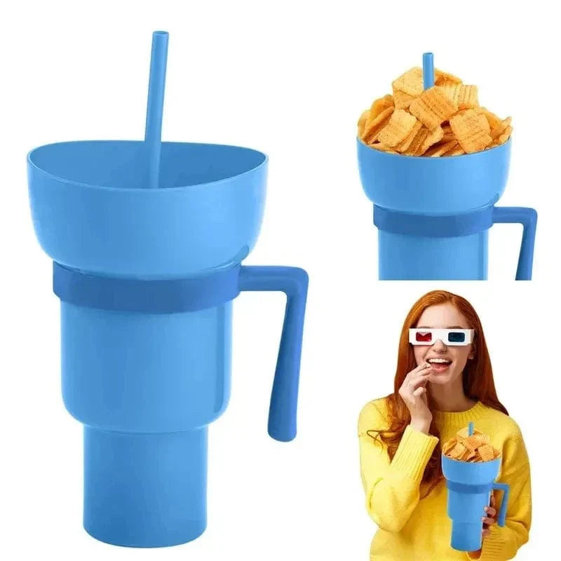 SearchFindOrder Blue Creative 2-in-1 Popcorn Snack and Beverage Cup with Straw and Handle