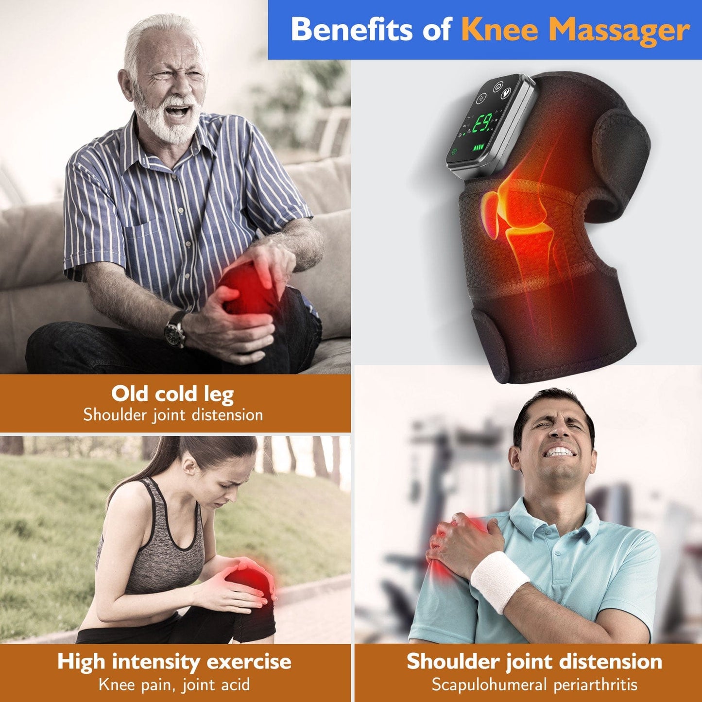 Heated Knee Brace Wrap with Massage, Shoulder and Elbow Vibration Heating Pad Massager for Pain Relief