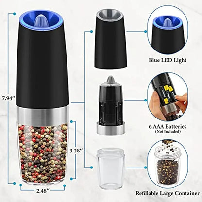 Electric Salt & Pepper Grinder Set, Adjustable Coarseness, Battery Powered with LED Light, Stainless Steel