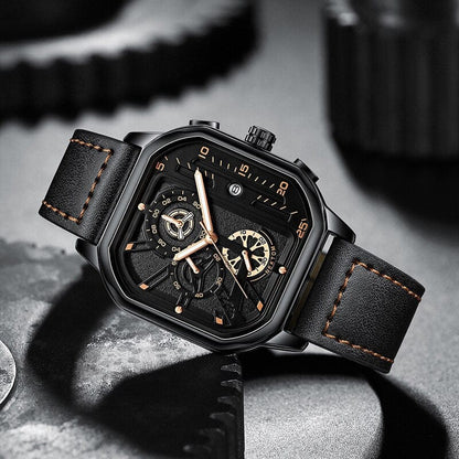 Exquisite Luxury Men's Sports Quartz Watch, Waterproof, Leather Strap, Chronograph, Luminous, Square Skeleton Dial