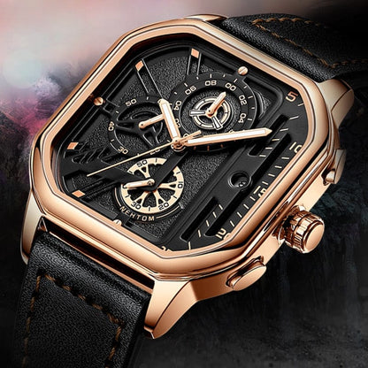 Exquisite Luxury Men's Sports Quartz Watch, Waterproof, Leather Strap, Chronograph, Luminous, Square Skeleton Dial