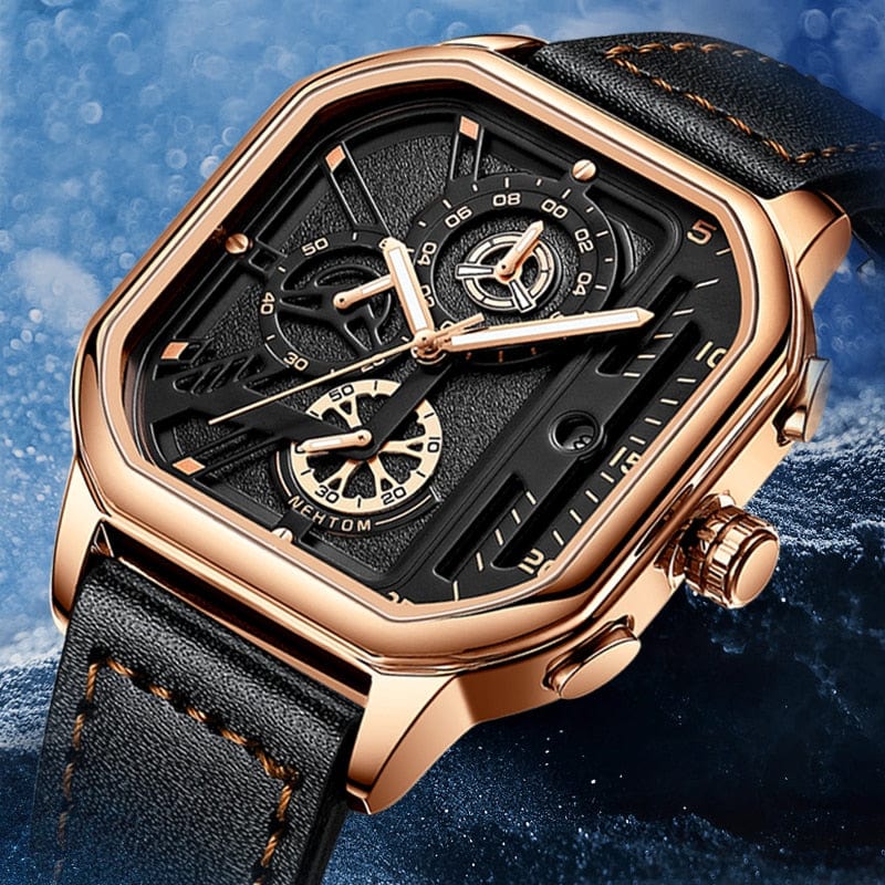 Exquisite Luxury Men's Sports Quartz Watch, Waterproof, Leather Strap, Chronograph, Luminous, Square Skeleton Dial