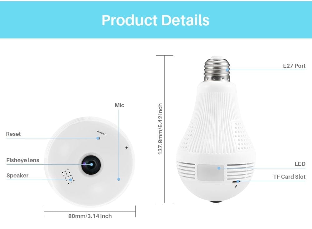 Fisheye Mini Wi-Fi Panoramic Security Camera Light Bulb and Two-Way Audio