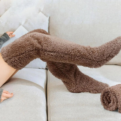 SearchFindOrder Brown 55cm / One Size Fuzzy High Over Knee Socks