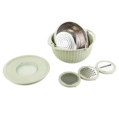 4-in-1 Kitchen Set: Rotatable Colander and Mixing Bowl with Built-in Vegetable Slicer, Salad Spinner, and Food Grader - Ideal for Washing and Straining Pasta, Rice, Fruits, and Veggies; Includes Storage Container.