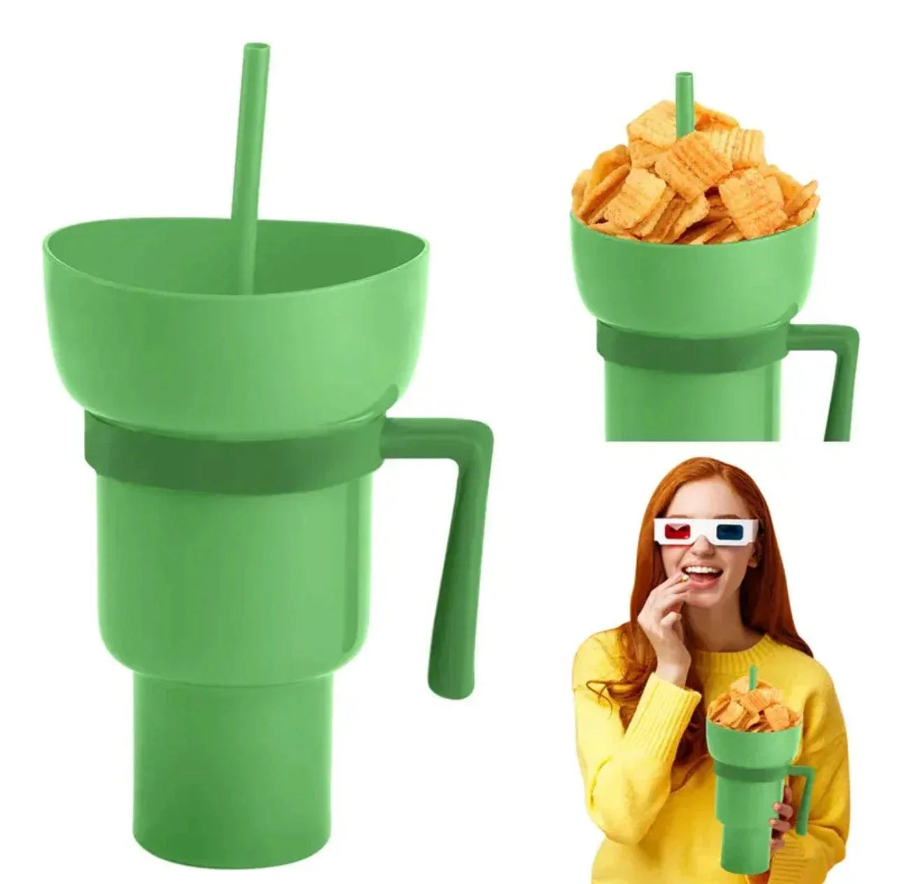 Creative 2-in-1 Popcorn Snack and Beverage Cup with Straw and Handle