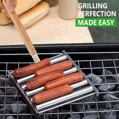 SearchFindOrder Grill Master Sizzler Stainless Steel Hot Dog Roller with Extended Wood Handle