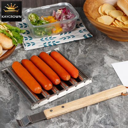 Stainless-Steel Grill Hot Dog Roller, BBQ Sausage Grilling Roller Rack with Extra Long Wooden Detachable Handle