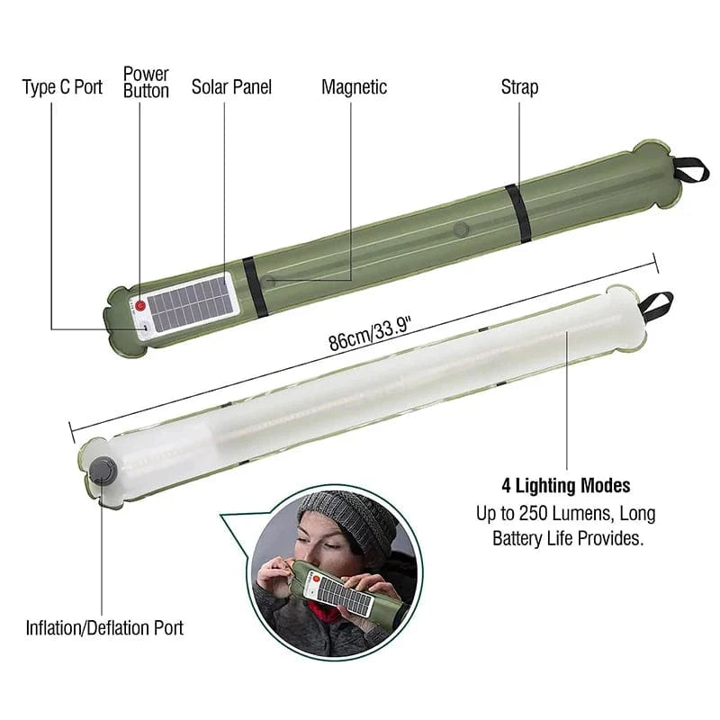 Solar Camping Light Bar, Rechargeable 4000mAh, Foldable and Inflatable, IP66 Waterproof LED Tube Light for Outdoor, Tent, Hiking, Travel