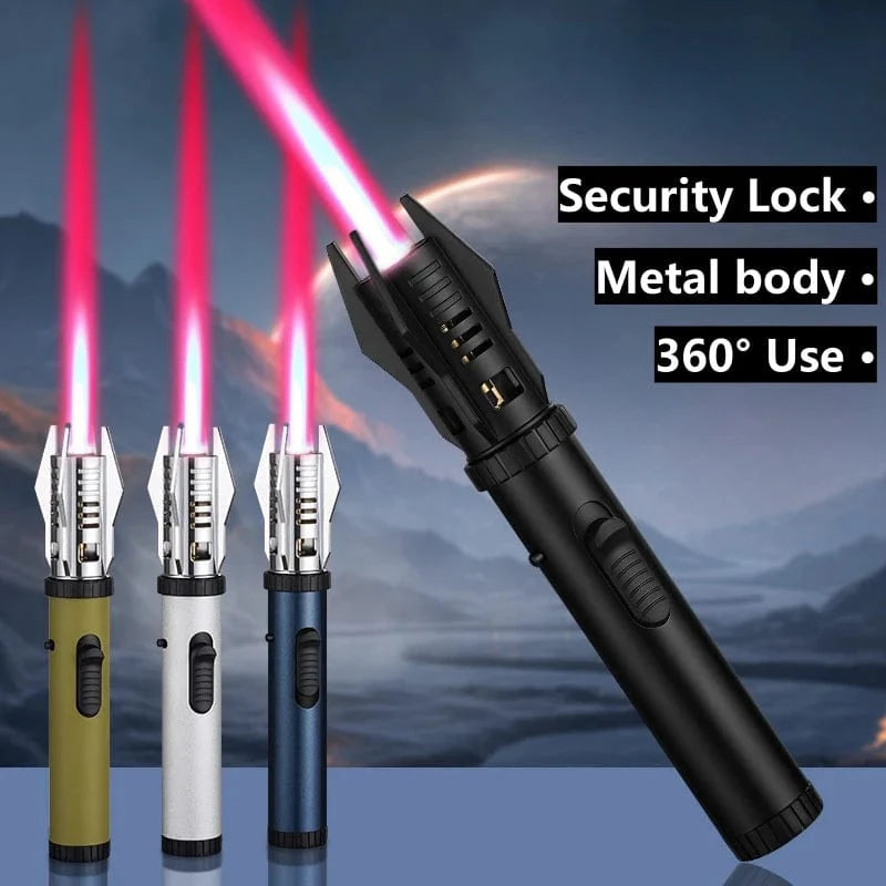 SearchFindOrder A-Blue Lightsaber 360° Wind Guard Butane Lighter Metal Torch for Outdoor Adventures, BBQ, Welding, & Cigars