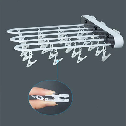 Folding Wall-Mounted Laundry Drying Rack with 24 Hanging Clips for Clothes