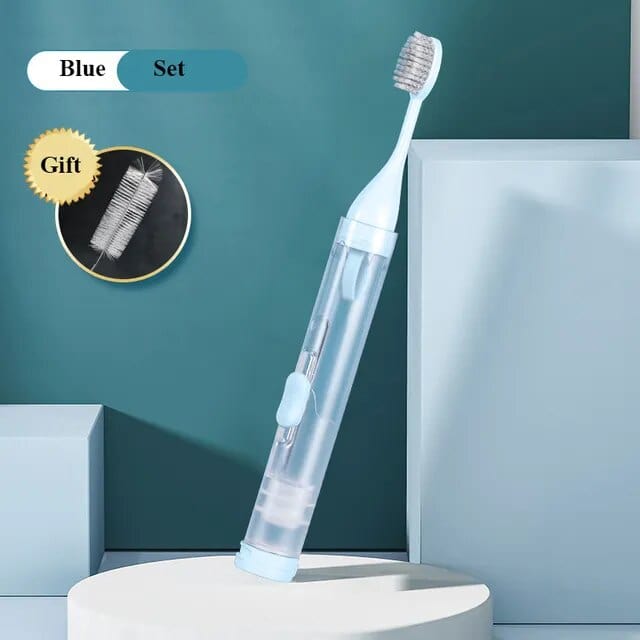 Portable Travel Toothbrush with Built-in Refillable Toothpaste Tube, Includes Cleaner Head Soft Bristles for Travel, Camping, School, Business Trip