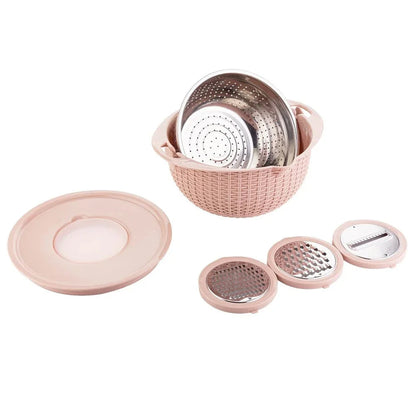 4-in-1 Kitchen Set: Rotatable Colander and Mixing Bowl with Built-in Vegetable Slicer, Salad Spinner, and Food Grader - Ideal for Washing and Straining Pasta, Rice, Fruits, and Veggies; Includes Storage Container.