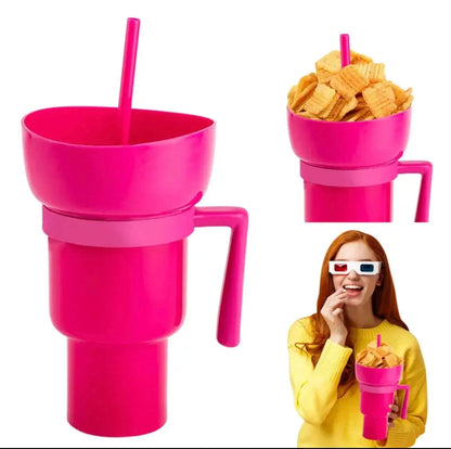 Creative 2-in-1 Popcorn Snack and Beverage Cup with Straw and Handle