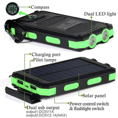 Portable Outdoor Solar Powered Waterproof Charger with LED Light and 20,000mAh Power Bank