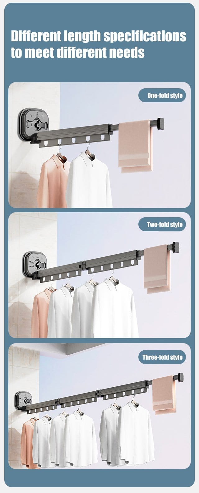 Portable Drying Rack for Laundry, Powerful Suction Wall Mounted Clothes Hanger Rack, Folding, Retractable, Collapsible