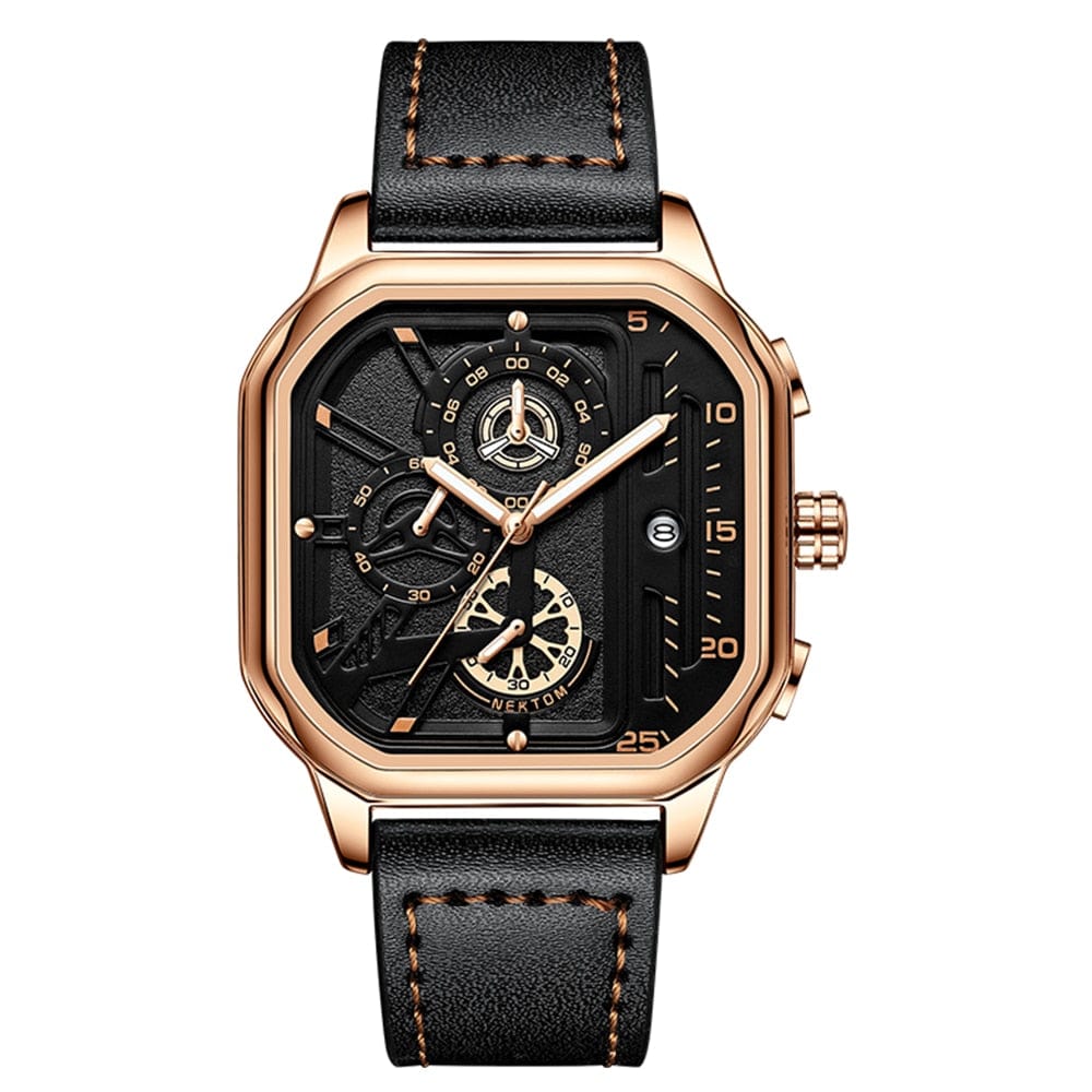 SearchFindOrder QT2472 Exquisite Luxury Men's Sports Quartz Watch, Waterproof, Leather Strap, Chronograph, Luminous, Square Skeleton Dial