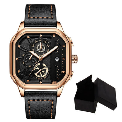 SearchFindOrder QT2473 with box Exquisite Luxury Men's Sports Quartz Watch, Waterproof, Leather Strap, Chronograph, Luminous, Square Skeleton Dial