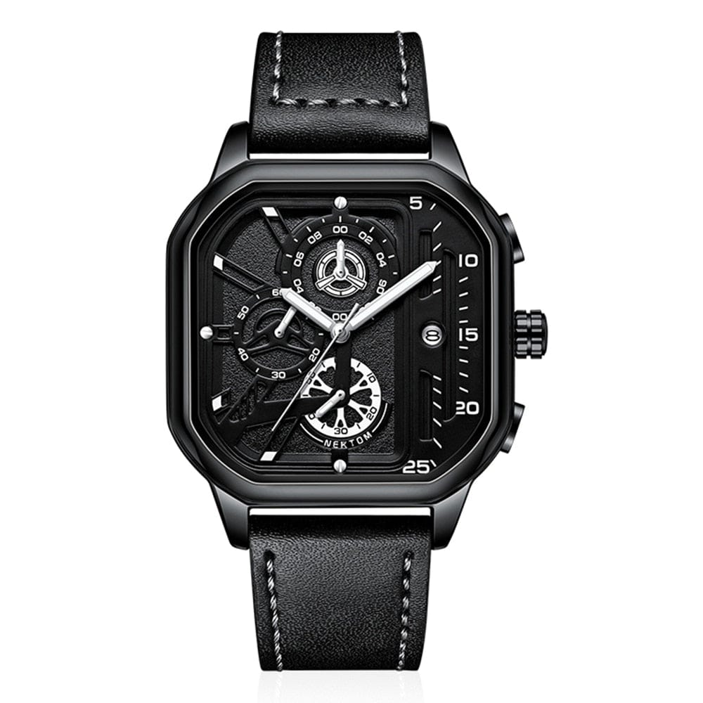 SearchFindOrder QT2473 Exquisite Luxury Men's Sports Quartz Watch, Waterproof, Leather Strap, Chronograph, Luminous, Square Skeleton Dial