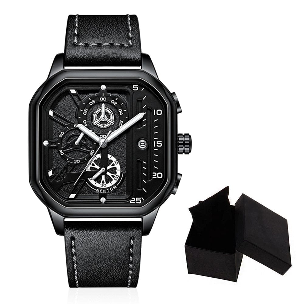 SearchFindOrder QT2474 Exquisite Luxury Men's Sports Quartz Watch, Waterproof, Leather Strap, Chronograph, Luminous, Square Skeleton Dial