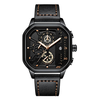 SearchFindOrder QT2472 with box Exquisite Luxury Men's Sports Quartz Watch, Waterproof, Leather Strap, Chronograph, Luminous, Square Skeleton Dial