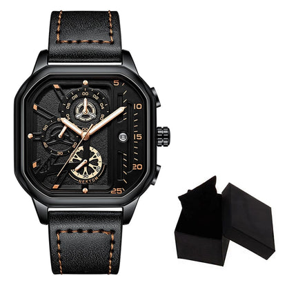 Exquisite Luxury Men's Sports Quartz Watch, Waterproof, Leather Strap, Chronograph, Luminous, Square Skeleton Dial