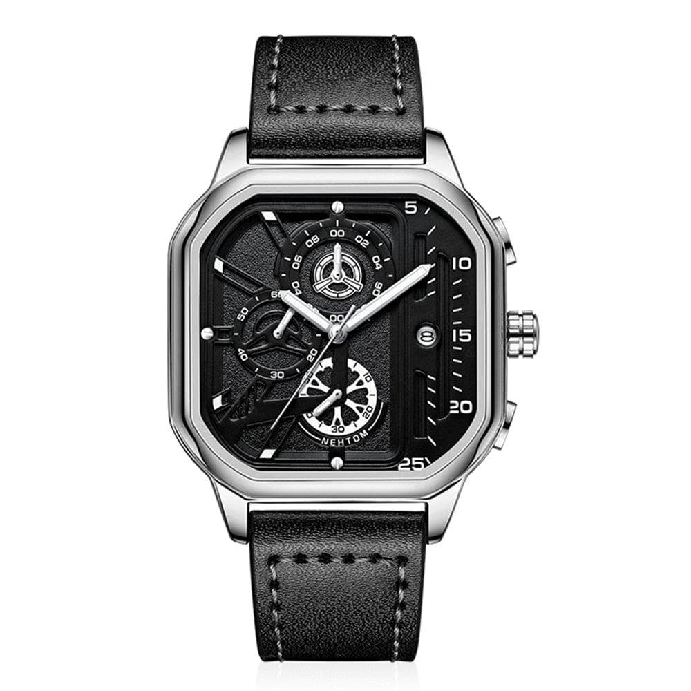 SearchFindOrder QT2471 with box Exquisite Luxury Men's Sports Quartz Watch, Waterproof, Leather Strap, Chronograph, Luminous, Square Skeleton Dial