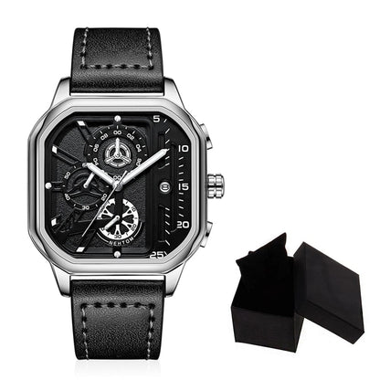 SearchFindOrder QT2474 with box Exquisite Luxury Men's Sports Quartz Watch, Waterproof, Leather Strap, Chronograph, Luminous, Square Skeleton Dial