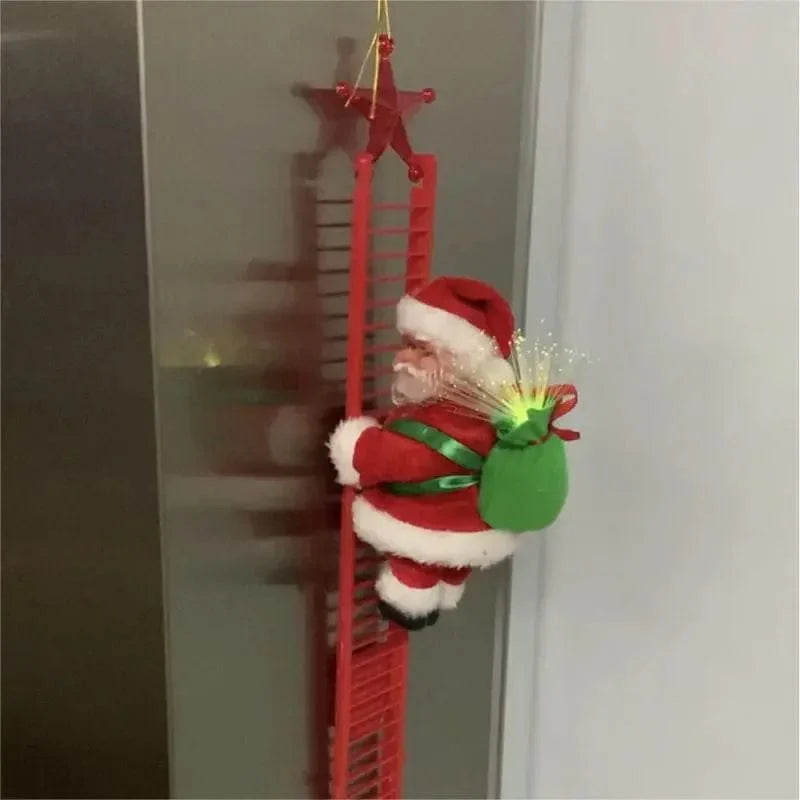 Electric Santa Climbing Ladder to Tree, Climbing Up and Down Santa Claus on Ladder with Music and Bag of Presents