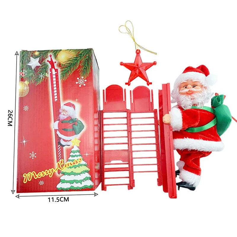 Electric Santa Climbing Ladder to Tree, Climbing Up and Down Santa Claus on Ladder with Music and Bag of Presents