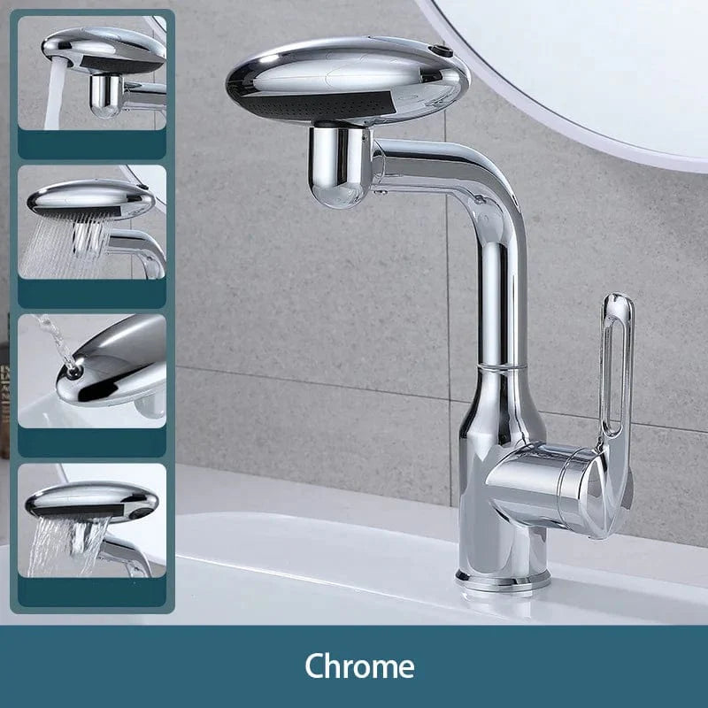 360° Rotating Chrome Faucet with 4-in-1 Multi-Directional Feature, including Rain and Waterfall Fountain Modes, for Bathroom and Kitchen Sink Basins