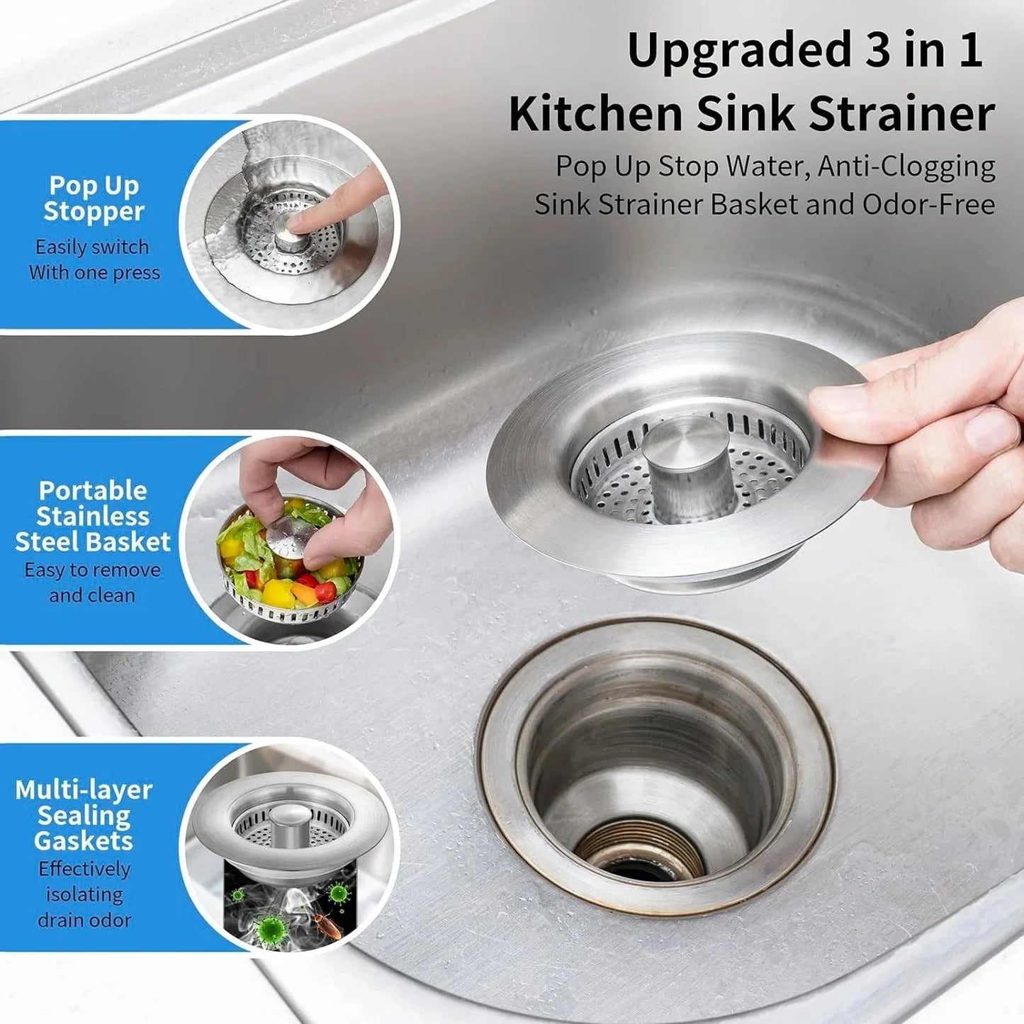 Stainless-Steel Kitchen Sink Strainer and Pop-Up Stopper