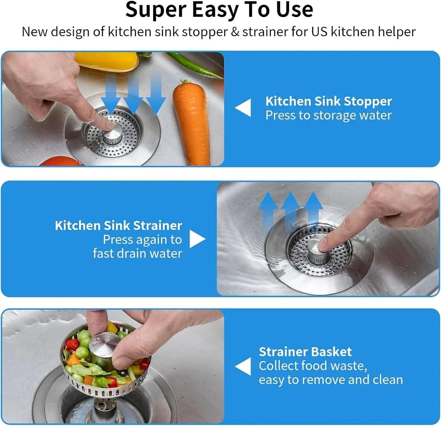 Stainless-Steel Kitchen Sink Strainer and Pop-Up Stopper