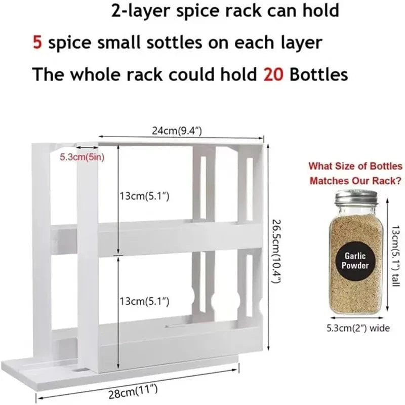 Kitchen Cabinet Sliding Spice Rack Organizer, Just Pull & Rotate, 2 Double-Decker Shelves, Non-Skid Base, Stores Condiments, Prescriptions, Essential Oils