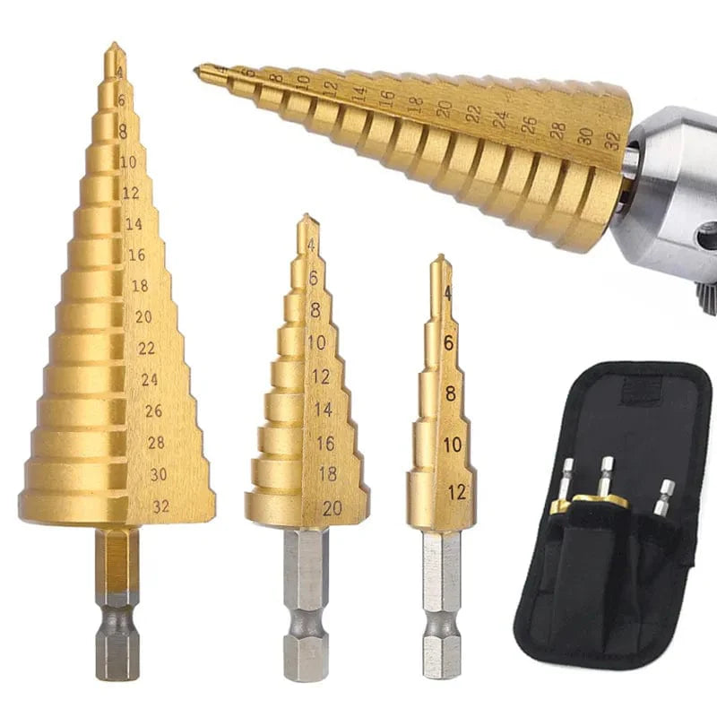 SearchFindOrder 3PC 4-12 4-12 4-20 / Hexagonal Titanium Pro Cut Precision Step Drill Set