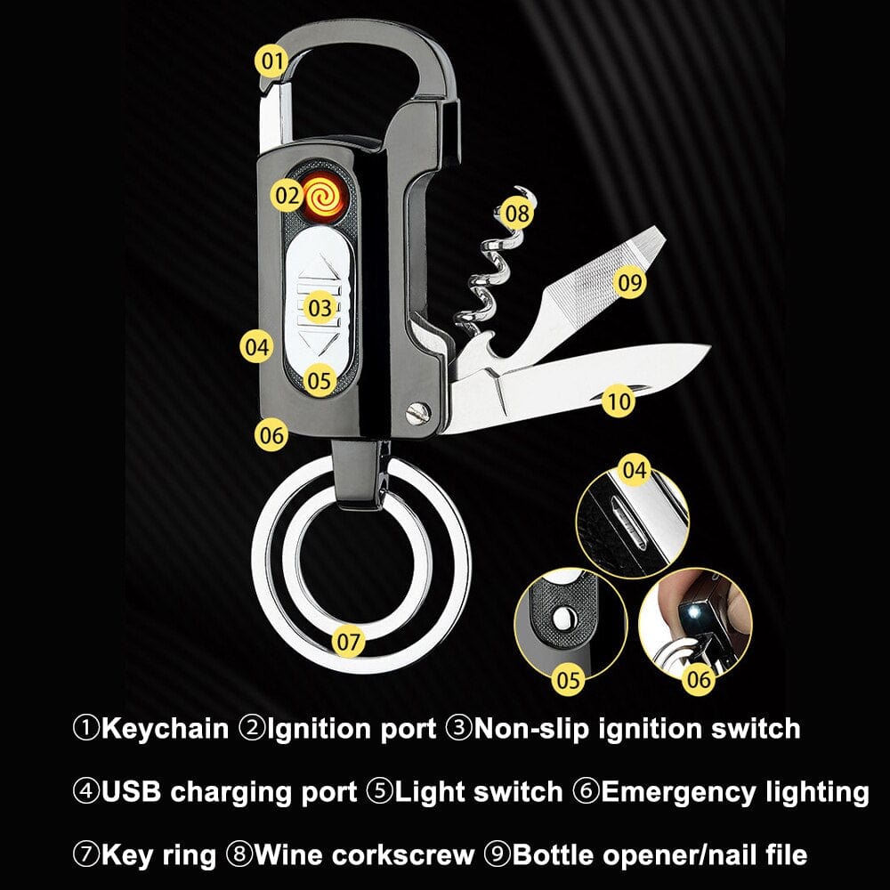 5-in-1 Windproof Rechargeable Lighter Keychain Multitool, Wine Opener, Bottle Opener, Knife, LED Flashlight, Flathead Screwdriver