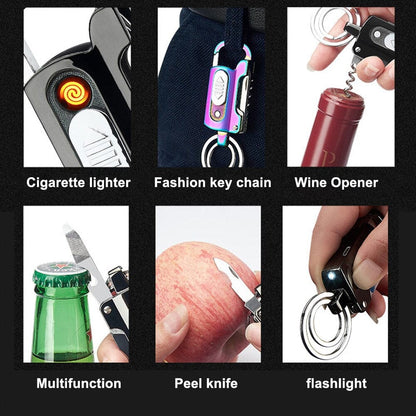 5-in-1 Windproof Rechargeable Lighter Keychain Multitool, Wine Opener, Bottle Opener, Knife, LED Flashlight, Flathead Screwdriver