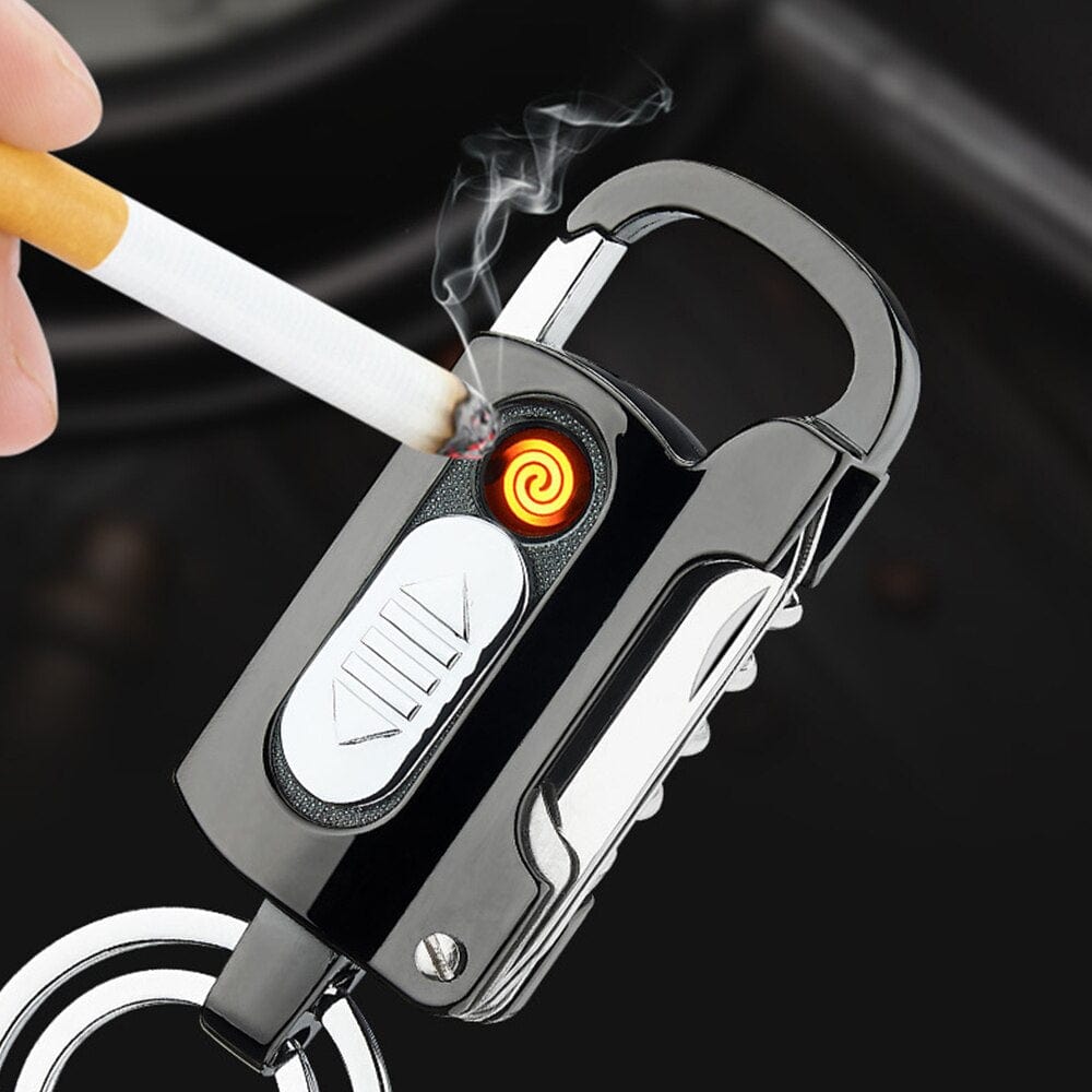 5-in-1 Windproof Rechargeable Lighter Keychain Multitool, Wine Opener, Bottle Opener, Knife, LED Flashlight, Flathead Screwdriver