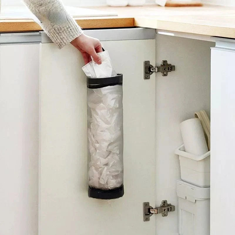 SearchFindOrder 1 black Wall Mount Plastic Bag Holder for Home Grocery Storage, Hanging Trash Garbage Kitchen Organizer