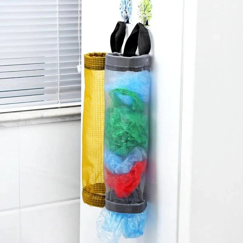 SearchFindOrder 1 gray Wall Mount Plastic Bag Holder for Home Grocery Storage, Hanging Trash Garbage Kitchen Organizer