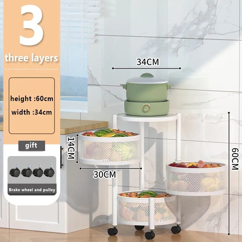 Rotating Storage Rack, Kitchen Bathroom Shelf with Wheels, Metal Standing Shelf Storage Fruit Vegetable Snack, Kitchen Bathroom Organization and Storage, 5-Tier Round