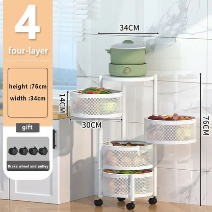 Rotating Storage Rack, Kitchen Bathroom Shelf with Wheels, Metal Standing Shelf Storage Fruit Vegetable Snack, Kitchen Bathroom Organization and Storage, 5-Tier Round