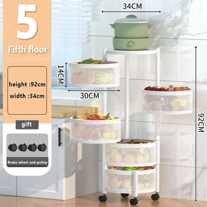 Rotating Storage Rack, Kitchen Bathroom Shelf with Wheels, Metal Standing Shelf Storage Fruit Vegetable Snack, Kitchen Bathroom Organization and Storage, 5-Tier Round