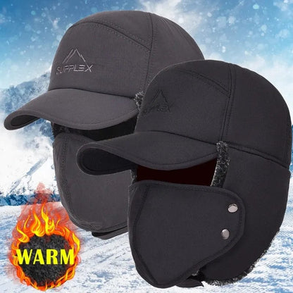 SearchFindOrder Black Winter Shield Hat Unisex Windproof Fleece Cap with Ear Protection