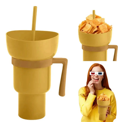 Creative 2-in-1 Popcorn Snack and Beverage Cup with Straw and Handle